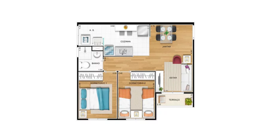 49 M² - 2 DORMS. Apartamento no Aricanduva com 2 dormitórios, uma planta muito bem planejada, todos os ambientes com iluminação e ventilação natural, possibilitando um apto bastante arejado.
