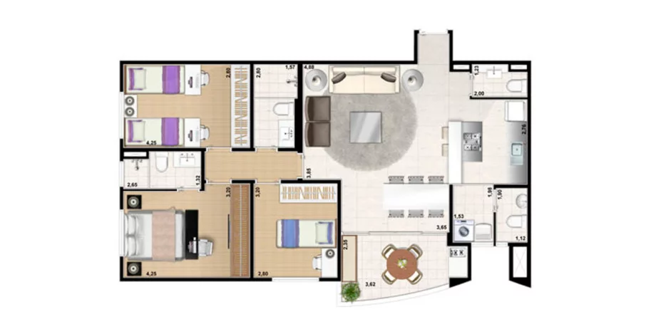 98 M² - 3 DORMS., SENDO 1 SUÍTE. Apartamento em Tamboré com 3 dormitórios, sendo uma suíte e um banheiro exclusivo para os outros 2 quartos. O amplo living com pé-direito duplo e lavabo, se integra totalmente à cozinha.