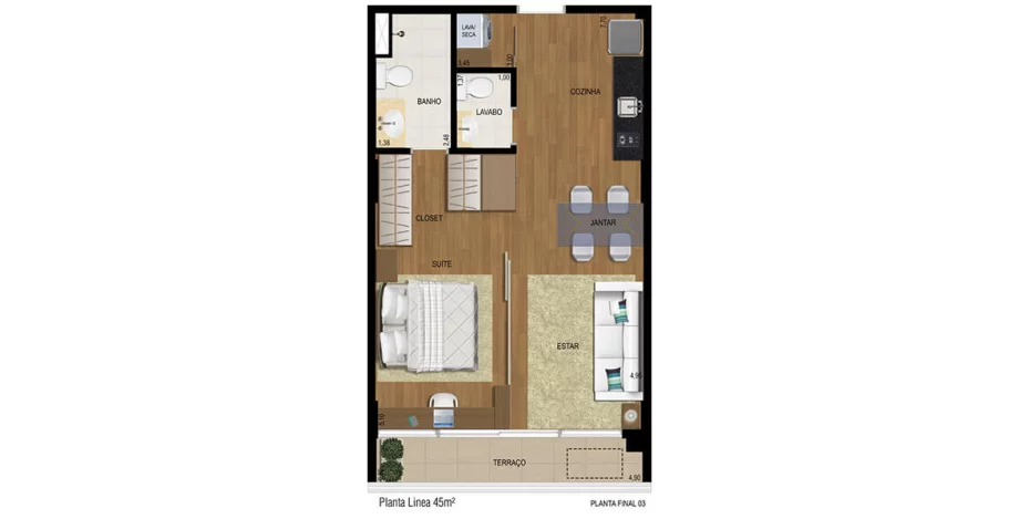 45 M² - 1 SUÍTE. Apartamento em Jundiaí compacto, mas com alto padrão de acabamento, uma suíte com espaço para home office, lavabo e terraço com quase 5 metros de frente.
