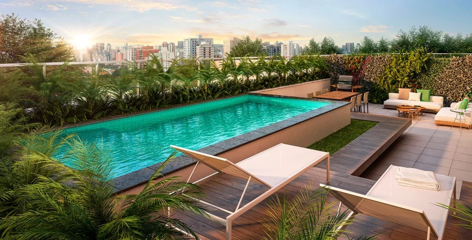 GIARDINO com terraço estendido, piscina e bastante espaço para seu solarium privativo.