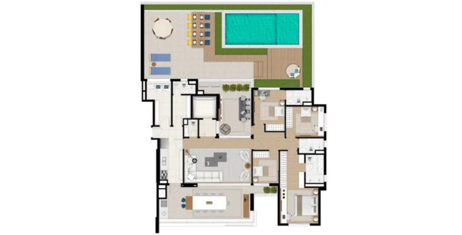 292 M² - 4 DORMS., SENDO 2 SUÍTES. Apartamento giardino, localizado acima do térreo, com planta semelhante à de 182 m² com o diferencial do terraço estendido com piscina e bastante espaço para seu solarium privativo.