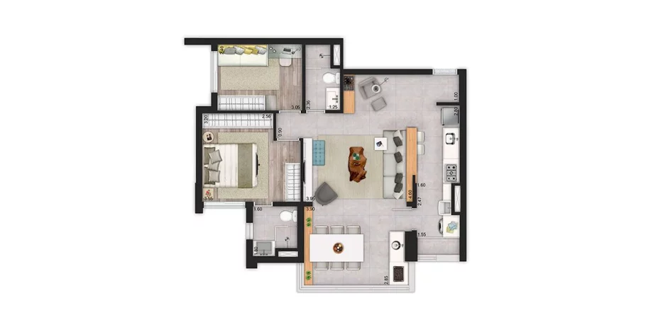 72 M² - 2 DORMITÓRIOS, SENDO 1 SUÍTE. Apartamento no Butantã com living ampliado, somando quase 4 m de boca de sala, todo integrado ao terraço c/ pisos nivelados. Com a bancada, o living também se integra à cozinha, criando maior amplitude.
