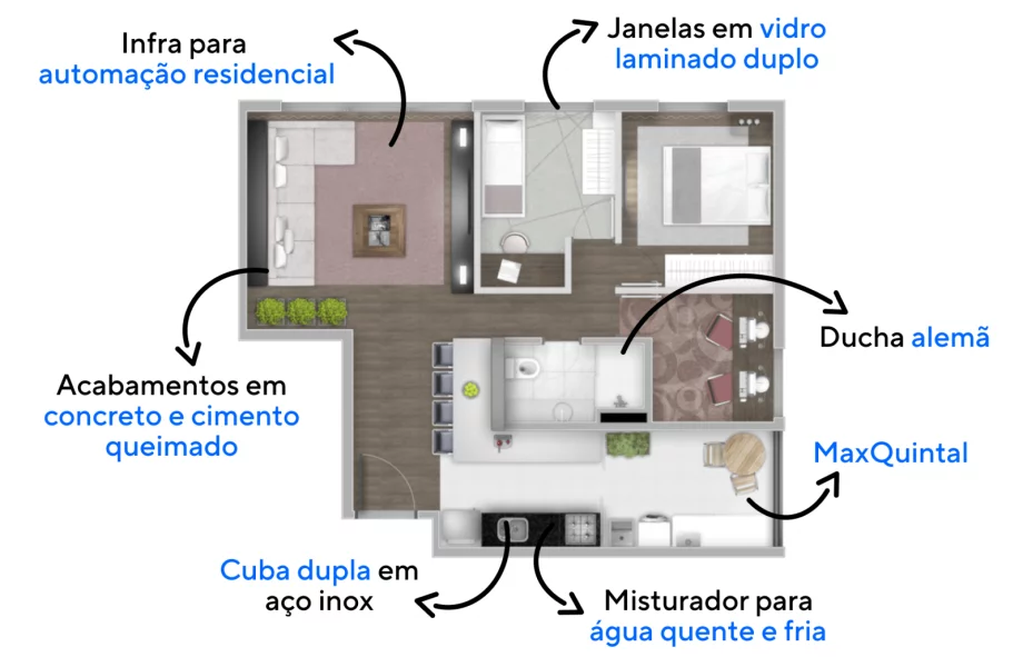70 M² - 3 DORMITÓRIOS. Apartamentos configurados para receber 3 ou mais moradores, ideal para famílias que possuem filhos e desejam ter um ambiente fechado para o home office.