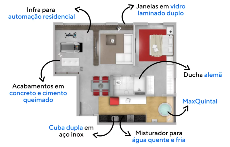 70 M² - 1 DORMITÓRIO. Apartamentos com metragens equilibradas, assim você não precisa escolher entre uma área social confortável e um amplo dormitório, você pode ter os dois!
