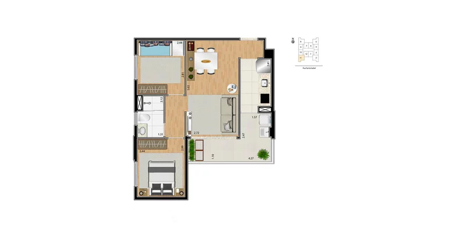 52 M² - 2 DORMS. Apto ideal para famílias, devido aos 2 dormitórios, atendidos por um banheiro com ventilação natural. Tem um ótimo terraço, integrado com o living e a cozinha.